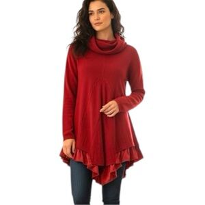 Boo Radley Rusty Red Cowl Neck Satin Ruffle Hem Long Sleeve Sweater Size Xlarge